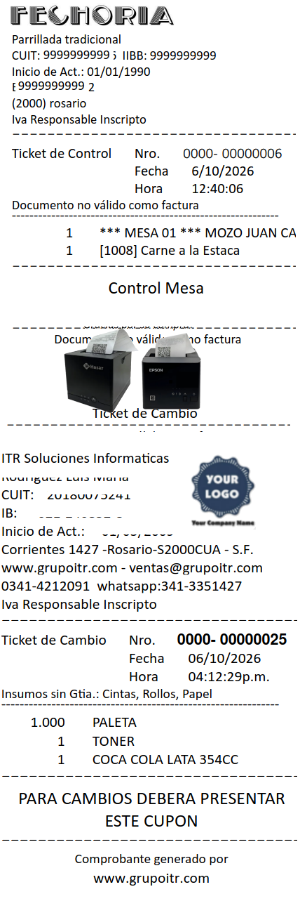 Ticket de Control de Mesa y Ticket de Cambio con Logo